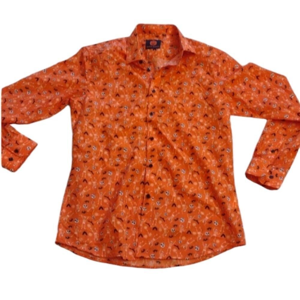 NWOT Simon Banks Halloween buttondown longsleeve shirt orange skeleton M